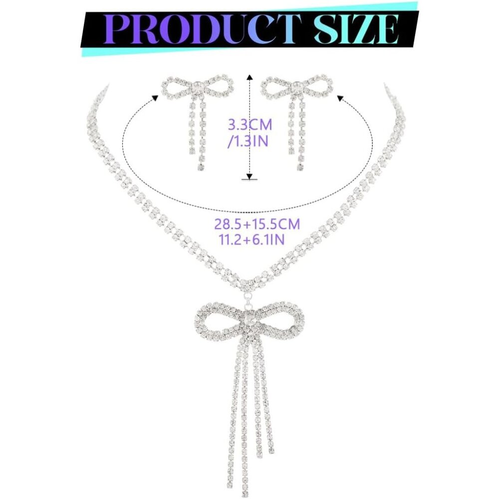 Rhinestone Bow Jewelry Set Sparkly Bowknot Necklace and Earrings Crystal Prom Je - Picture 4 of 7